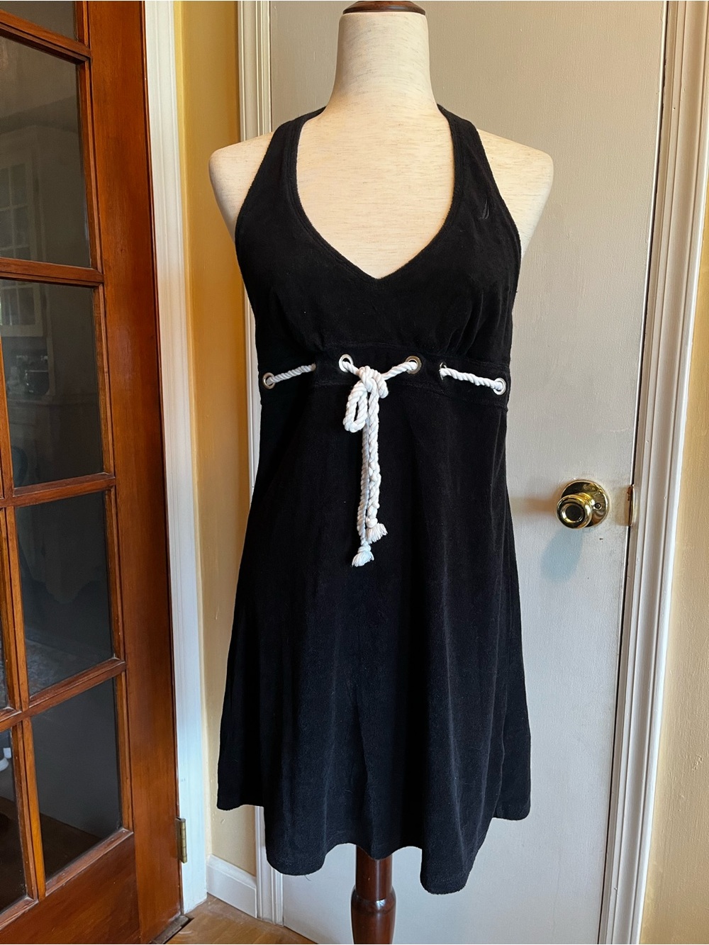 Black Nautica Terry Cloth Rope-Tie Halter Coverup Dress